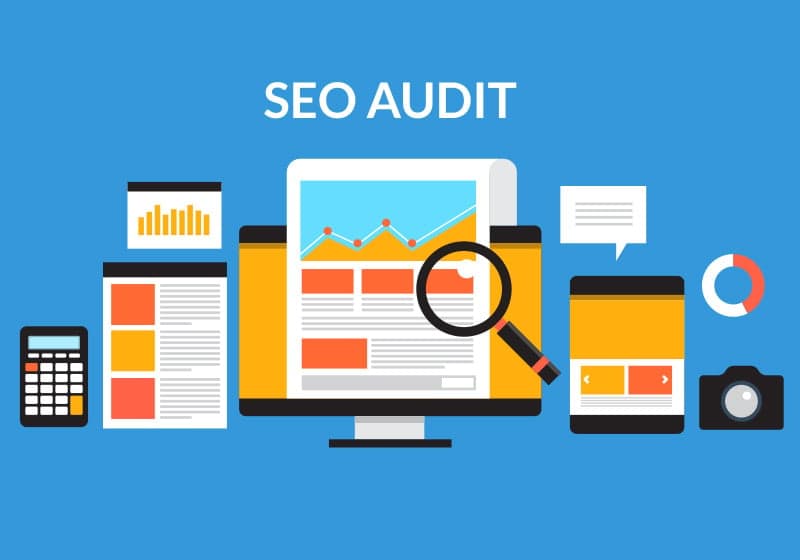 SEO audit illustration showing desktop and mobile pages, charts and inspection tools