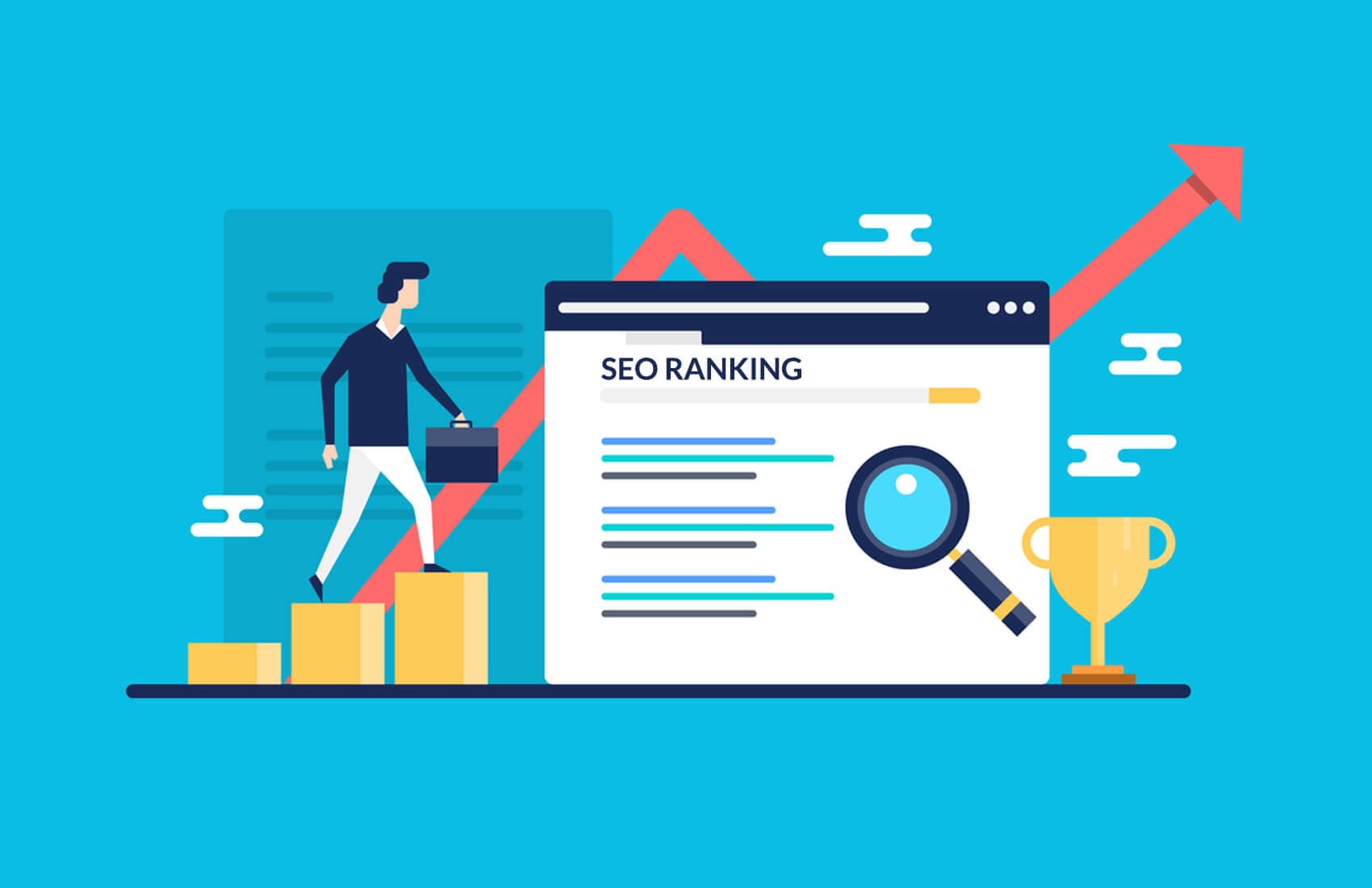 SEO ranking illustration with a search page, analysis lens and upward trend
