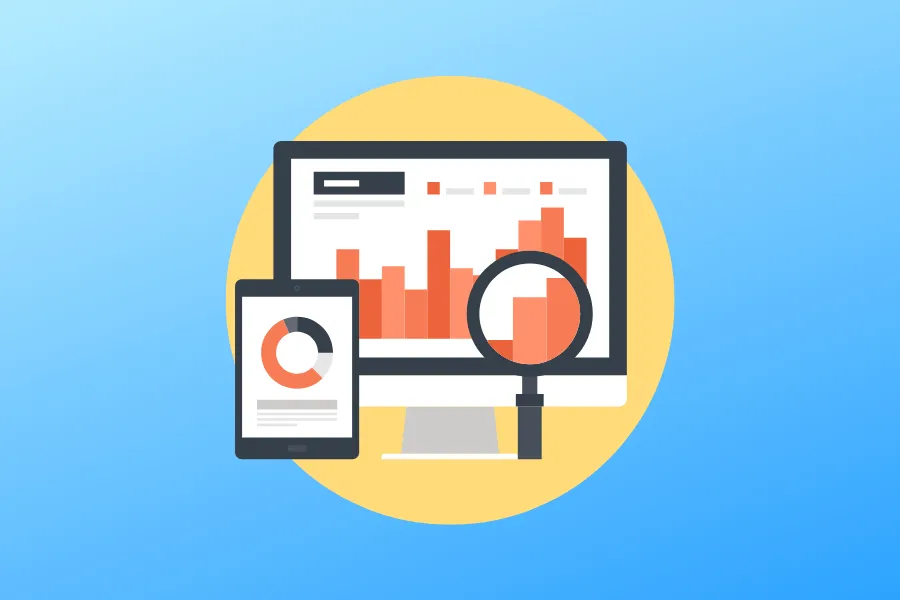 Analytics and reporting illustration across desktop and mobile dashboards