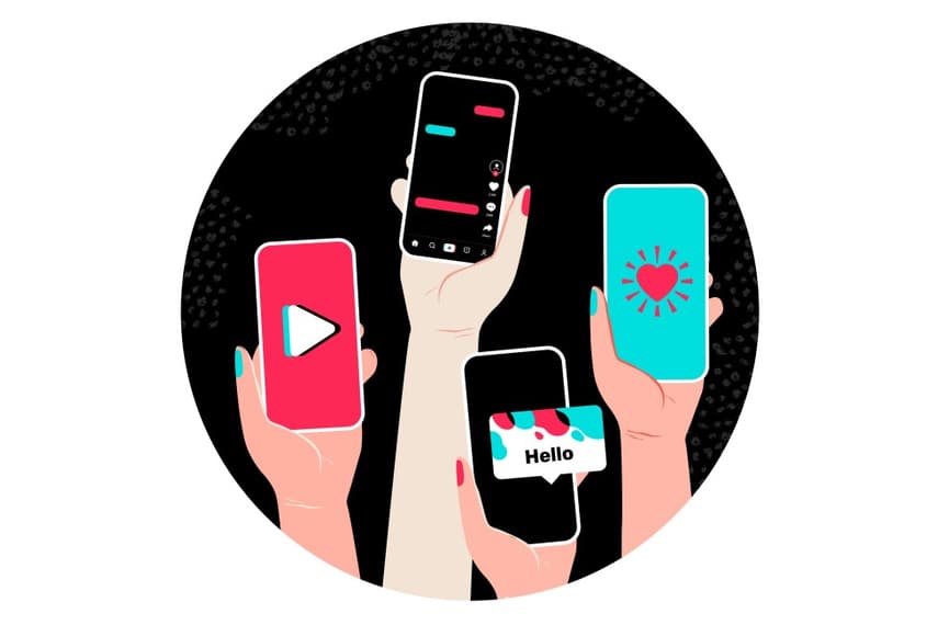 TikTok advertising illustration with short-form video screens and social interactions
