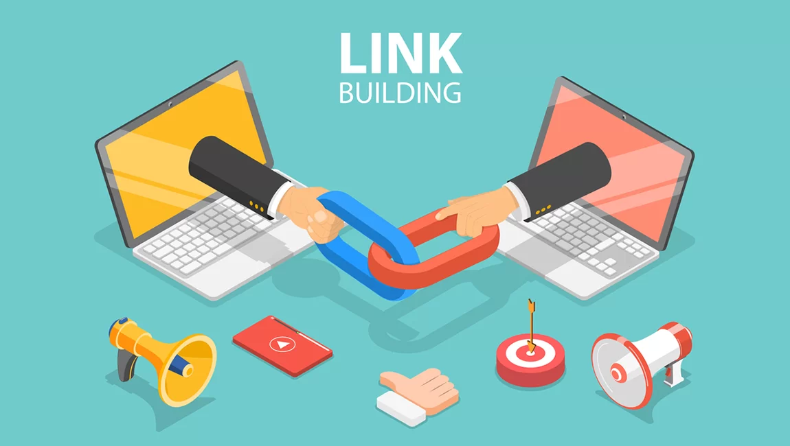 Graphic illustrating the process of link building with arrows pointing to high-authority websites, symbolizing connections and credibility.